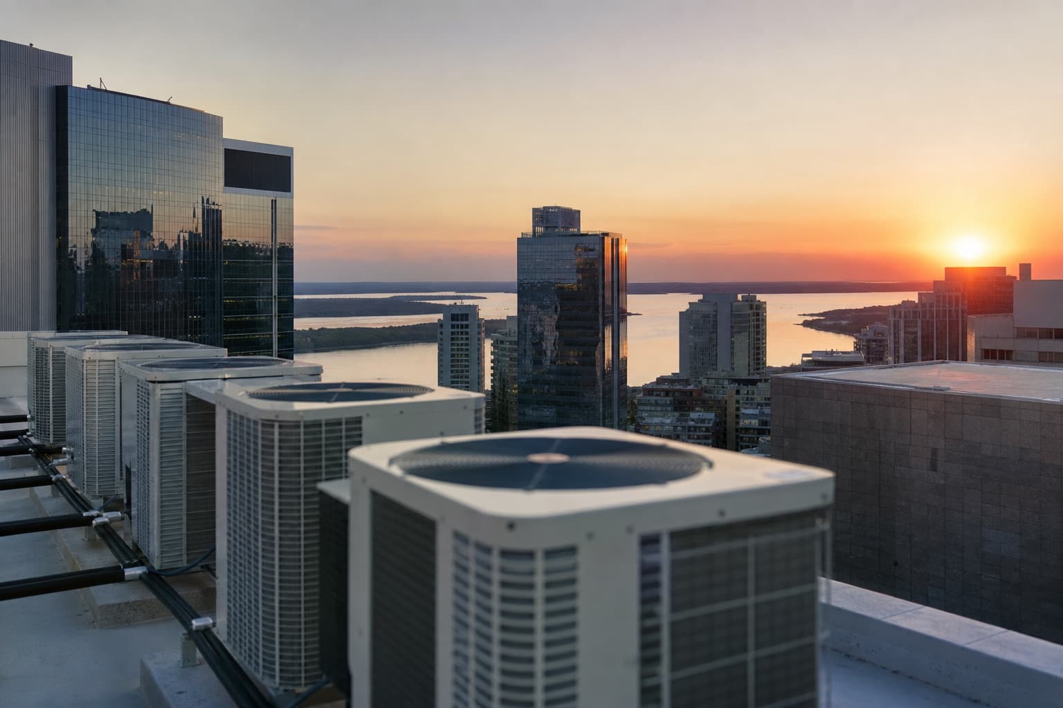 Skyline urbano ao entardecer visto de uma cobertura, com condensadoras em primeiro plano